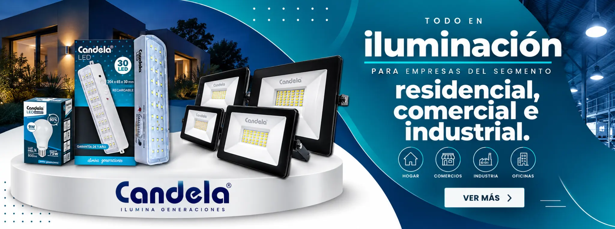 Iluminación Candela para el segmento residencial, comercial e industrial. Lámparas, luces de emergencia y reflectores.